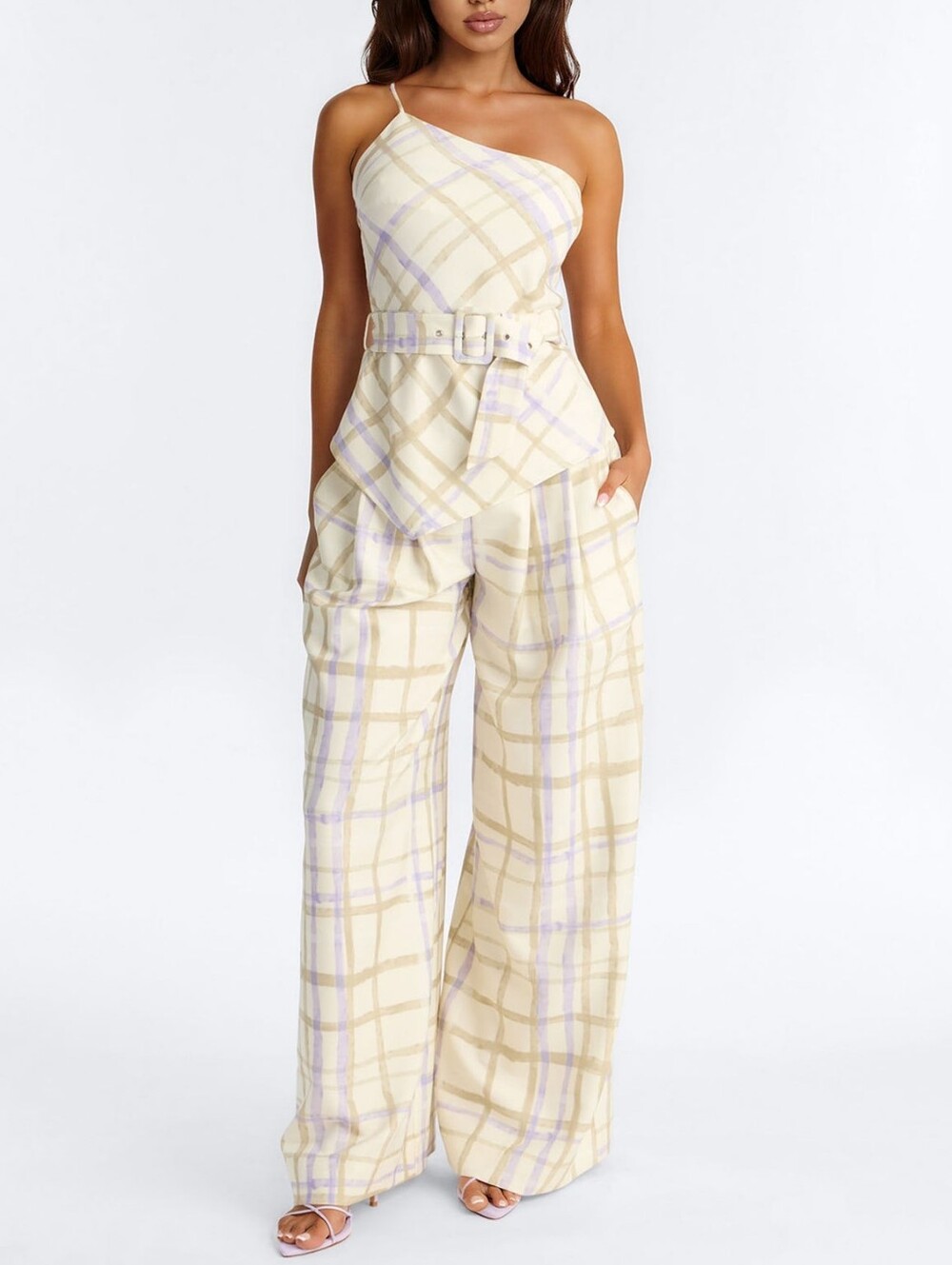 Women's two-piece suit in a large check: one-shoulder top and wide pants